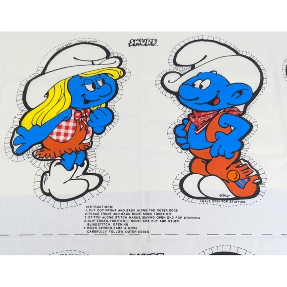 Vtg 1982 Smurf & Smurfette Western Cowboy Cut Sew Fabric Panel Pillow Doll Uncut - Picture 3 of 10